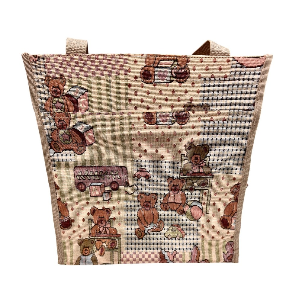 Vintage Teddy Bear Tapestry Tote Bag Nursery Patchwork Cottagecore Woven Purse